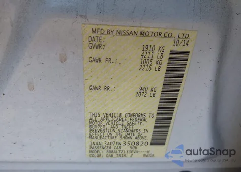 2015 Nissan Altima 2.5 Sl из США, поврежденный, VIN 1N4AL3AP7FN350820